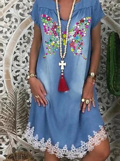 

Floral Short Sleeve V Neck Weaving Dress, Blue, Floral Dresses