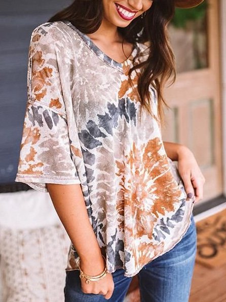 

V Neck Holiday Short Sleeve Ombre/tie-Dye T-shirt, Multicolor, T-Shirts