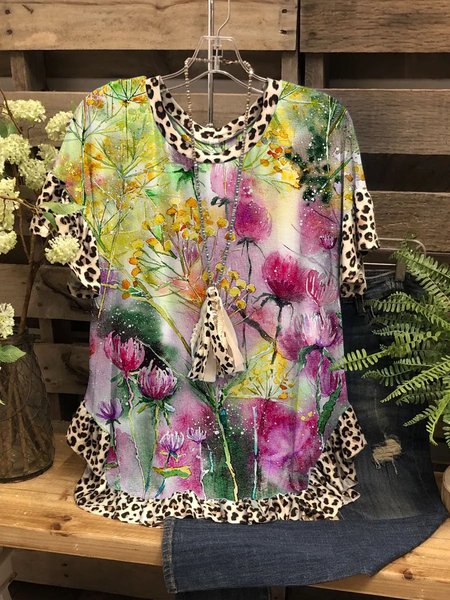 

Wild Floral Graphic Round Neck Short Sleeve Loose Top, As picture, T-shirts