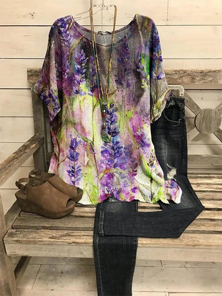 

Lilacs Graphic Round Neck Short Sleeve Loose Top, As picture, Blouses
