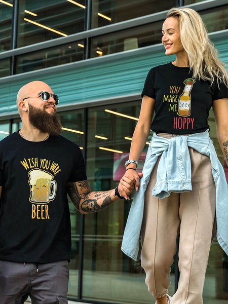 

Wish You Were Beer You Make Me Hoppy Couple Graphic Tee, Black, Couple T-shirts