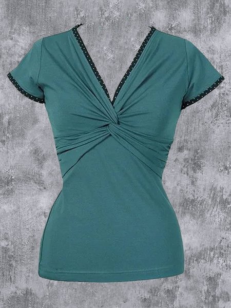 

Basic Short Sleeve Polyester Cotton Shirts & Tops, Green blue, Tops