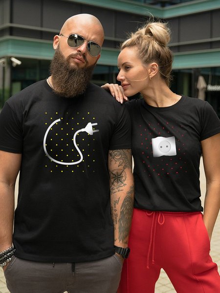 

Plug and Socket Couple Graphic Tee, Black, Couple T-shirts