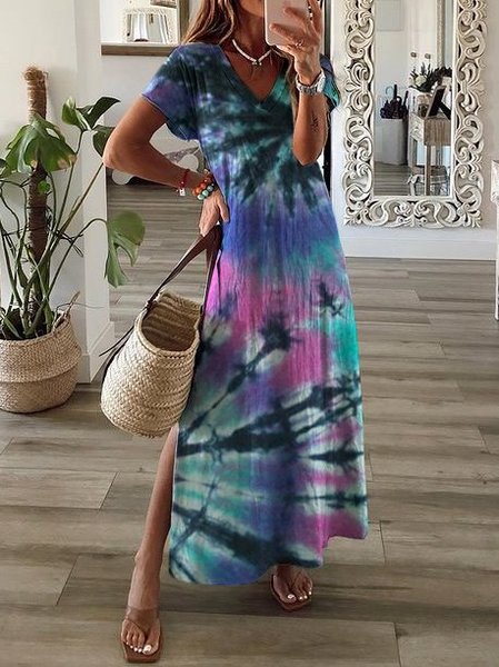 

Ombre/tie-Dye Shift Boho Knitting Dress, Blue, Maxi Dresses