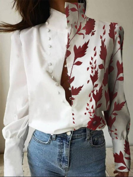 

Paneled Long Sleeve Vintage Stand Collar Blouse, White-coffee, Blouses and Shirts