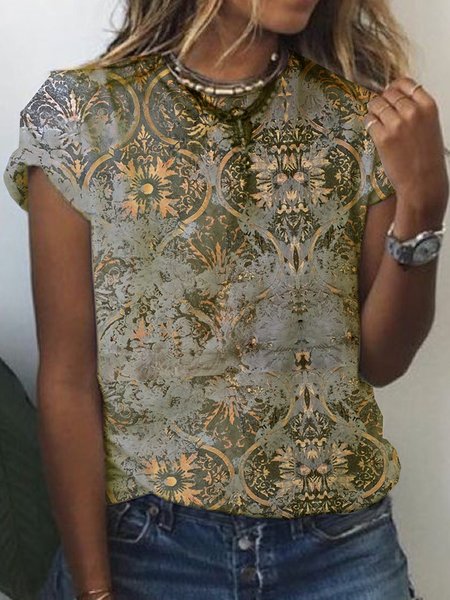 

Paisley Short Sleeve Printed Cotton-blend Crew Neck Vintage Summer T-Shirt, As picture, Tops