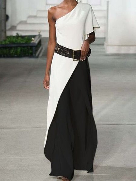 

Colore-block Una Spalla Casuale Pezzi interi, Bianco, Maxi Dresses