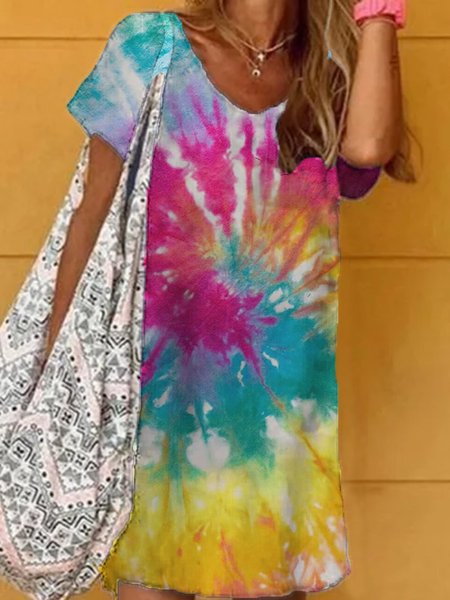 

Ombre/Tintura a nodi Maniche Corte Stampato Misto Cotone Girocollo Casuale Estate Multicolore Abito, Dresses
