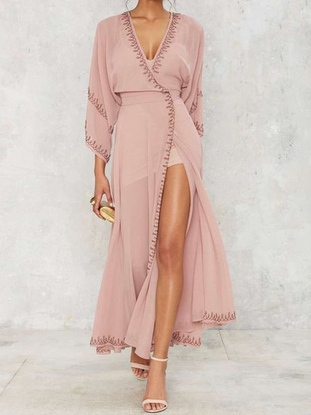 

Abito Maniche Corte Scollo a V Semplice & Di base spacco, Rosa, Dresses