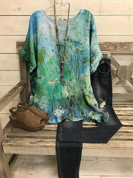 

Chamomile Graphic Round Neck Short Sleeve Loose Top, As picture, Blouses