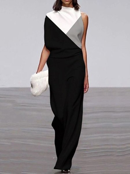 

Cotton-Blend Color-Block Casual Work One-Pieces, Black, Jumpsuits