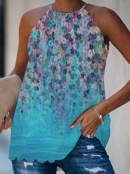 

Vintage Stampata Floreale Senza Maniche Casuale Top, Blu, Tops
