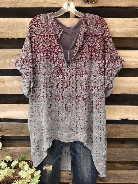 

V-Neck Cotton-Blend Short Sleeve Printed Tops, Red, Blouses & Shirts
