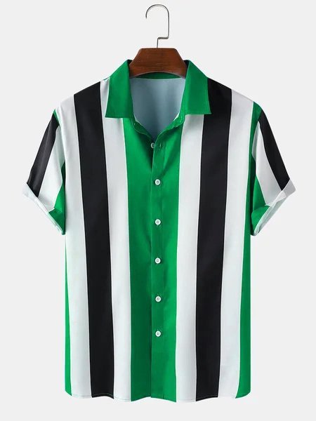 

Men Striped Beach Casual Turn-down Collar Shirt, Green, Men's Floral shirt