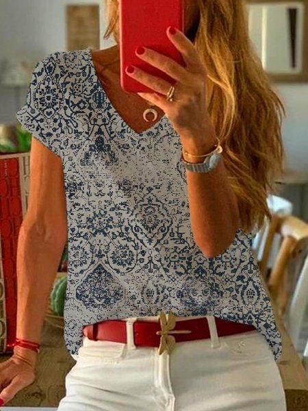 

Paisley Short Sleeve Printed Cotton-blend V neck Vintage Summer Gray Top, Tees & T-shirts