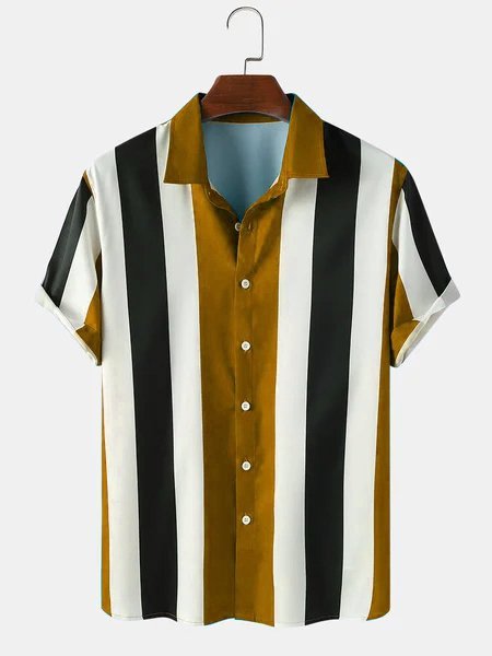 

Men Striped Beach Casual Turn-down Collar Shirt, Khaki, Blouses&Shirts