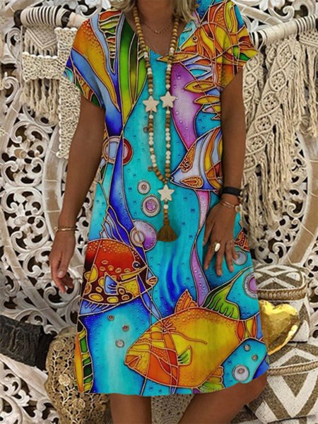 

V Neck Holiday Short Sleeve Weaving Dress, Multicolor, Casual Dresses