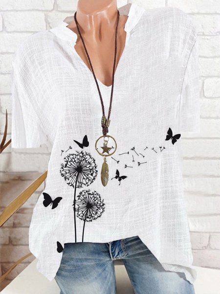 Printed Short Sleeve Casual Tops, White, Blouses & Shirts