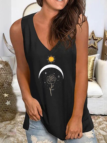

Casual Printed Cotton-Blend Sleeveless Shirts & Tops, Black, Tanks & Camis