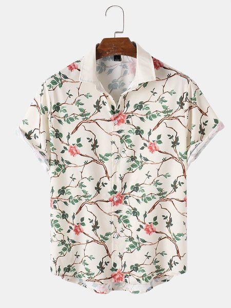 

Mens Bird & Plant Floral Print Lapel Street Short Sleeve Shirt, White, Men's shirts