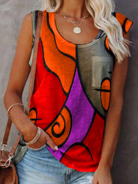 

Crew neck abstract face print sleeveless T-shirt, Orange, Tanks & Camis