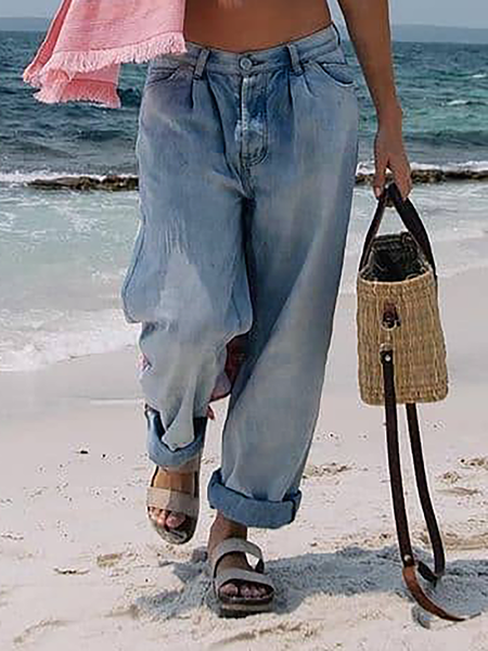 

Dritto Solido Casuale Jeans, Blu, Pants