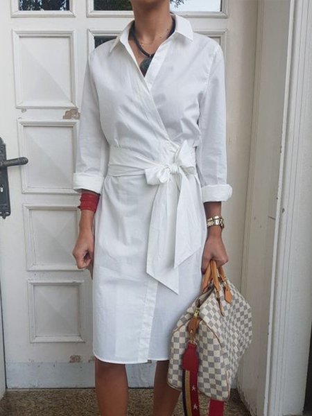 

Colletto a Camicia Solido Elegante Abito, Bianco, Midi Dresses