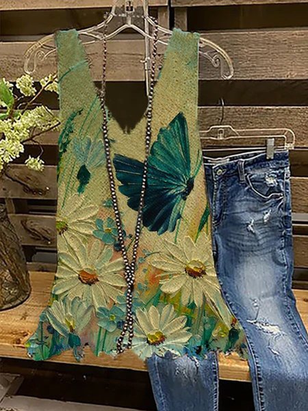 

Vintage V Neck Printed Sleeveless Shirts & Tops, Green, Tank Top