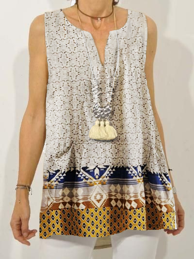 

Geometric Sleeveless V Neck Shirts & Tops, Off white, Tops