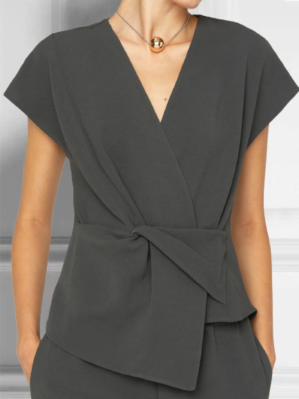 

Vintage Plain Statement Plus Size Short Sleeves V Neck Casual Tops, Black gray, Blouses and Shirts