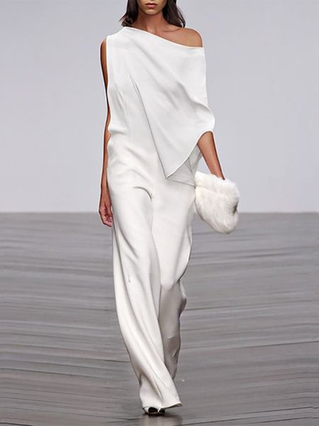 

Solido Una Spalla Casuale Misto Cotone Pezzi interi, Bianco, Maxi Dresses