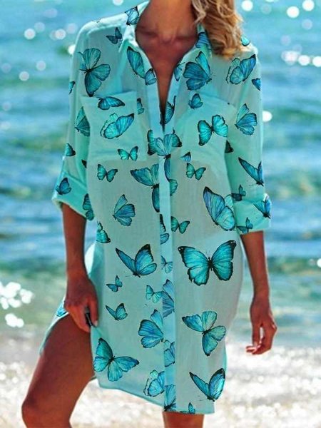 

Shawl Collar Butterfly Long Sleeve Weaving Dress, Blue, Casual Dresses