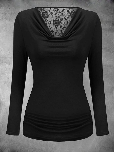 

Solido Scollo a V Maniche Lunghe Casuale Top, Nero, Blouses & Shirts
