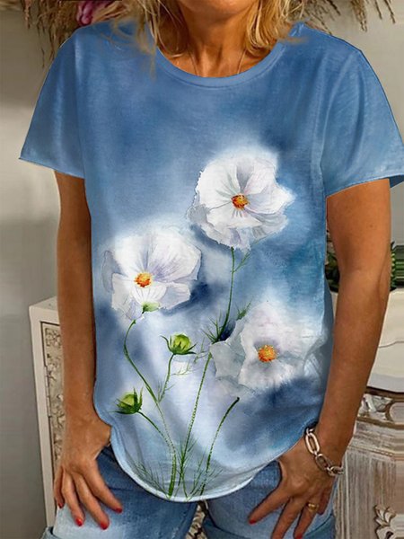 

Floral Casual T-shirt, Blue, Tops