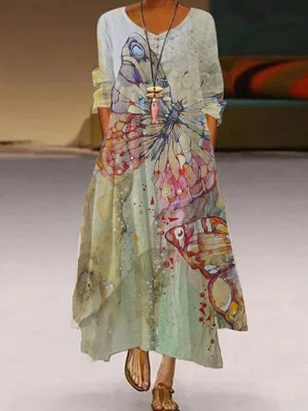 

Cotton-Blend 3/4 Sleeve Casual Floral Dresses, Multicolor, Maxi Dress