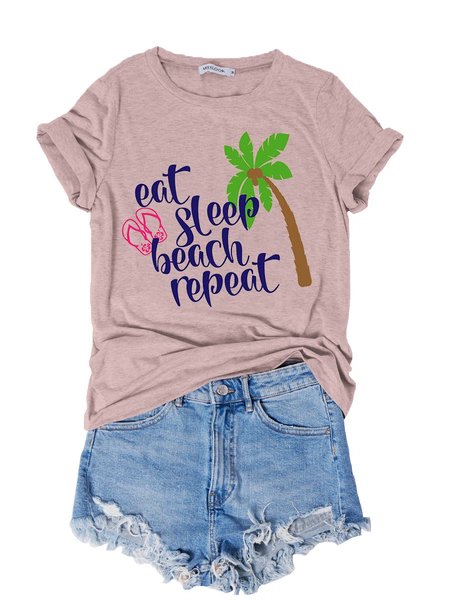 

Eat Sleep Beach Repeat Graphic Holiday Style Graphic Tee, Light pink, Tops