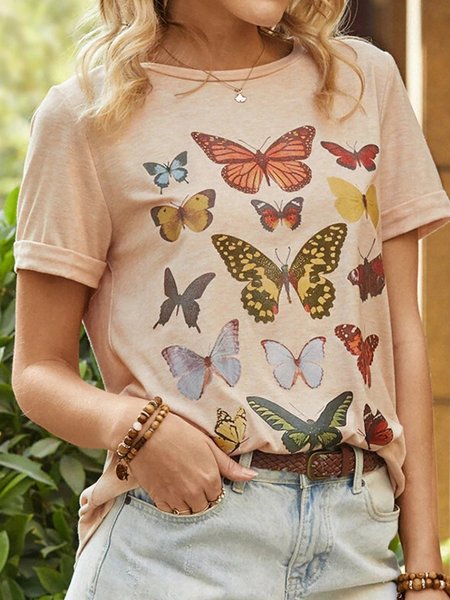 

Farfalla Stampato Maniche Corte Girocollo Casuale T-shirt, Cachi chiaro, Blouses & Shirts