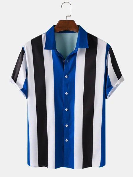 

Men Striped Beach Casual Turn-down Collar Shirt, Navy blue, Men's Floral shirt