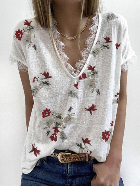 

Floral Short Sleeve Casual T-shirt, White, Tees & T-shirts