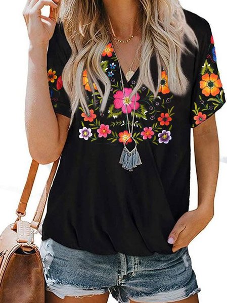 

Maniche Corte Floreale Top, Nero, Blouses & Shirts