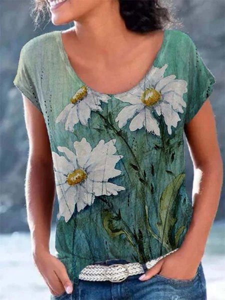 

Stampato Floreale Maniche Corte Casuale Misto Cotone Top, Verde, Blouses & Shirts