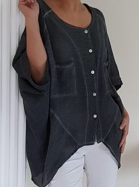 

Vintage Linen Crew Neck Tops, Dark gray, Blouses & Shirts