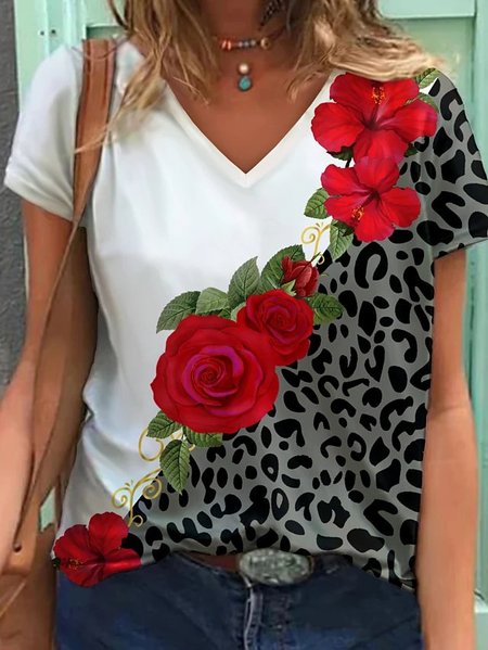 

Leopard V Neck Casual Tops, White, T-Shirts
