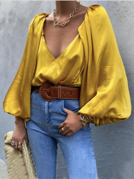 Dolce Maniche Lunghe Manica a Palloncino Camicie & Top, Giallo, Blouses & Shirts