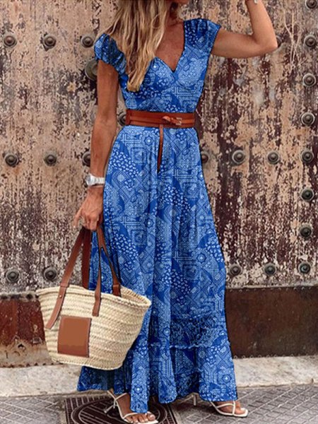 

Short Sleeve Printed Shift Weaving Dress, Blue, Dresses