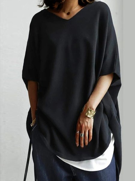 

Semplice Dritto Scollo a V Solido Camicie & Top, Nero, Blouses & Shirts