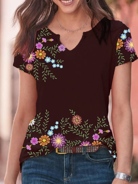 

Floral Short Sleeve Printed Cotton-blend V neck Casual Summer Black Top, Auto-Clearance