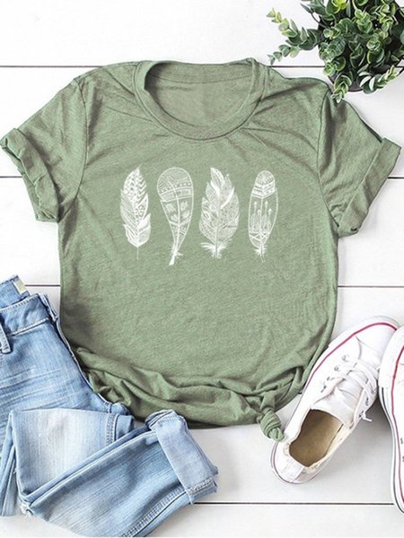 

Geometric Boho Crew Neck Shirts & Tops, Army green, T-shirts