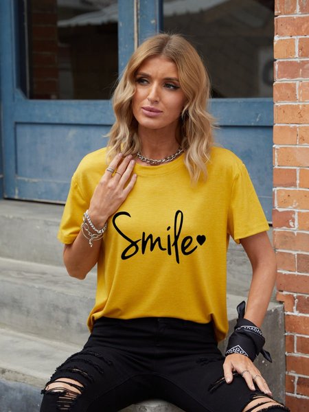 Smile Graphic Short-Sleeved Round Neck Casual Tee, Yellow, T-shirts