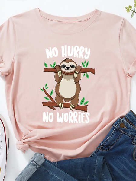 

No Hurry No Worries Graphic Short Sleeve Crew Neck Tee, Light pink, T-shirts